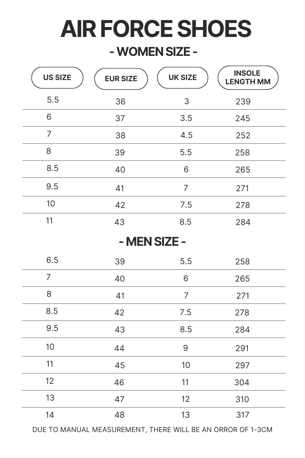 Air Force Shoes Size Chart - Naruto Shoes