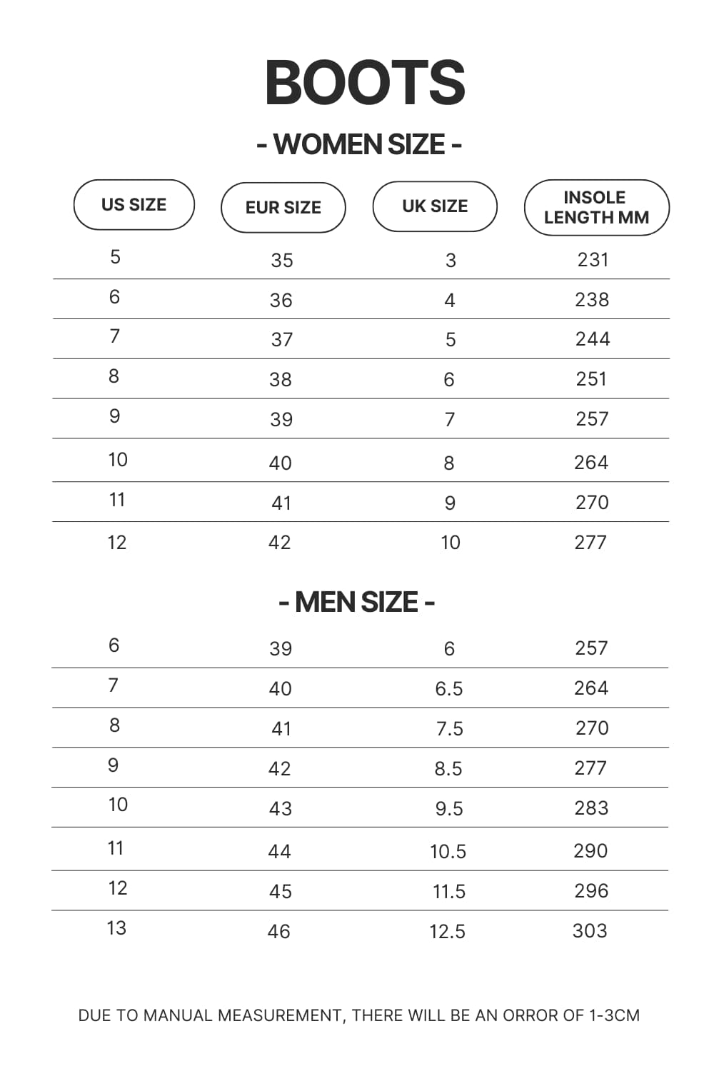 Boots Size Chart - Naruto Shoes