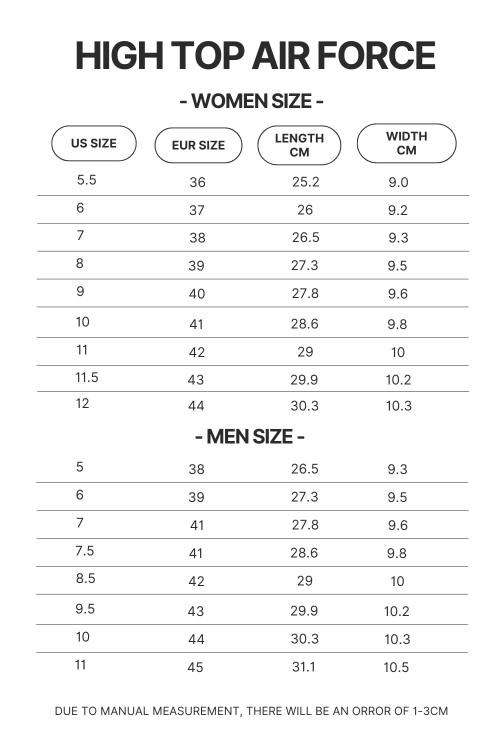 High Top Air Force Shoes Size Chart - Naruto Shoes