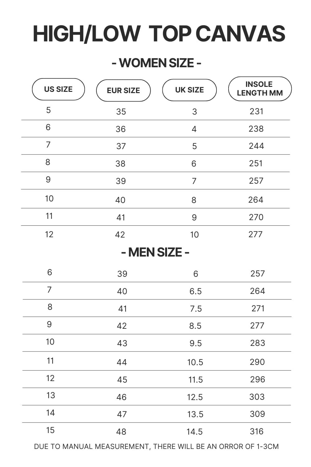 High Top Low Top Canvas Shoes Size Chart - Naruto Shoes