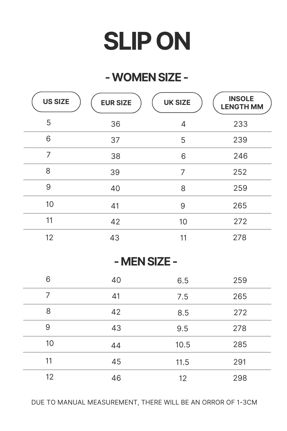 Slip On Size Chart - Naruto Shoes