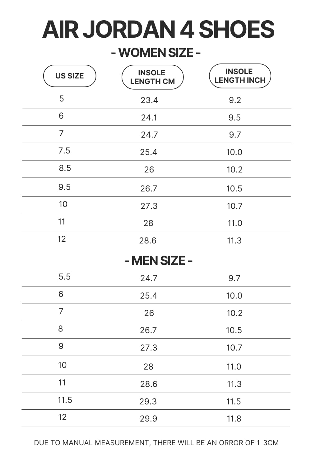 Air Jordan 4 Shoes Size Chart - Naruto Shoes