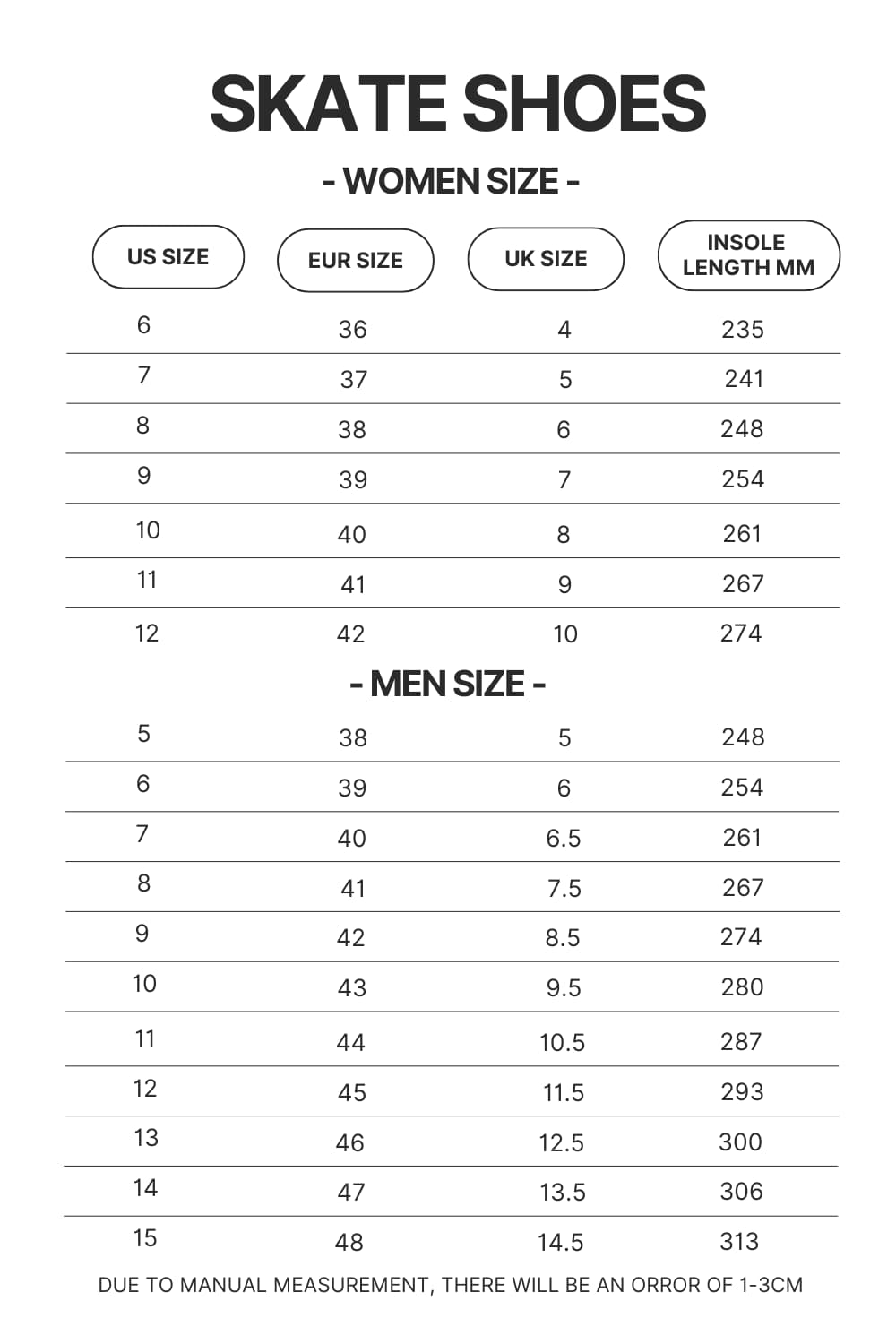 Skate Shoes Size Chart - Naruto Shoes